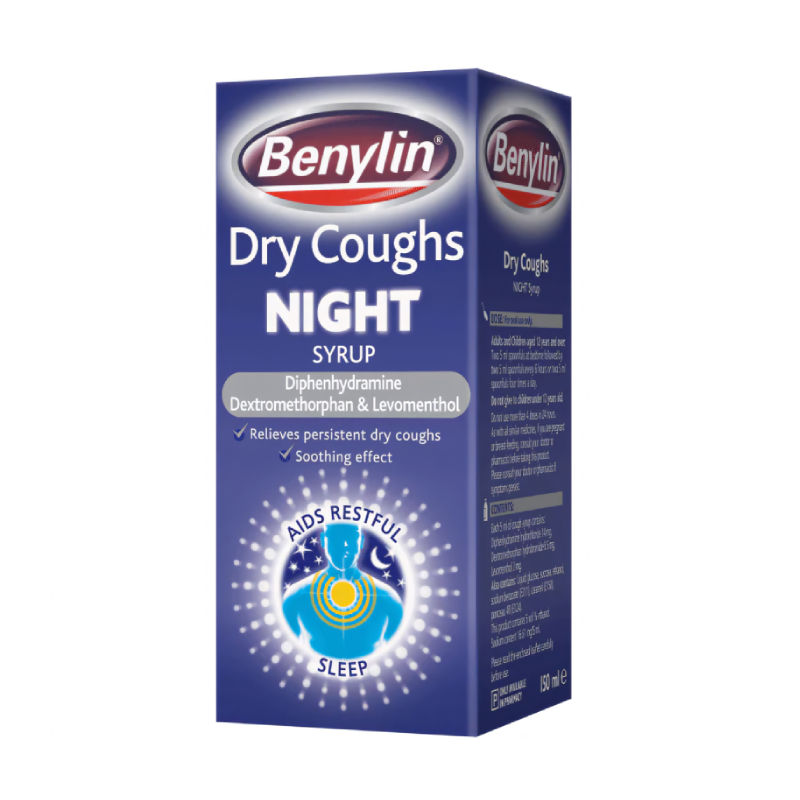 Benylin Dry Coughs Night Syrup 150ml syrup available online at Anfield Pharmacy, Liverpool