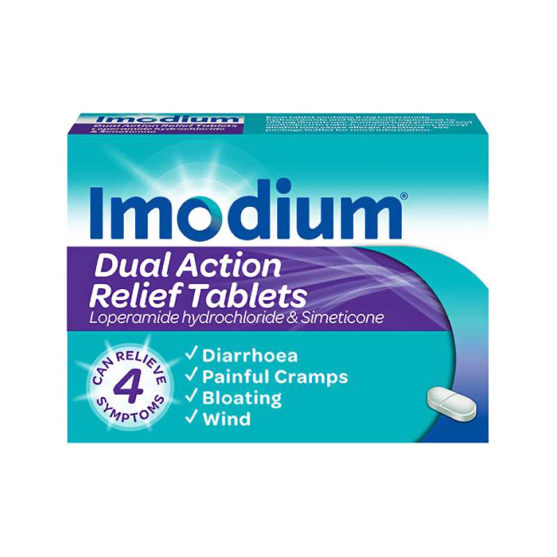 Imodium Dual Action Relief Tablets tablets available online at Anfield Pharmacy, Liverpool