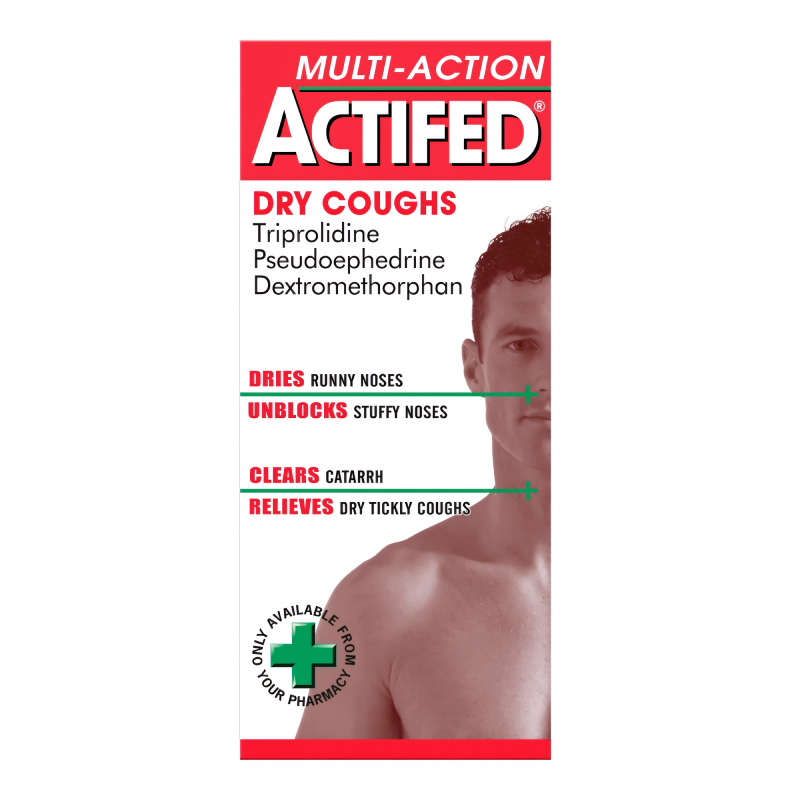 Actifed Linctus Dry Coughs Multi-Action 100ml available online at Anfield Pharmacy, Liverpool