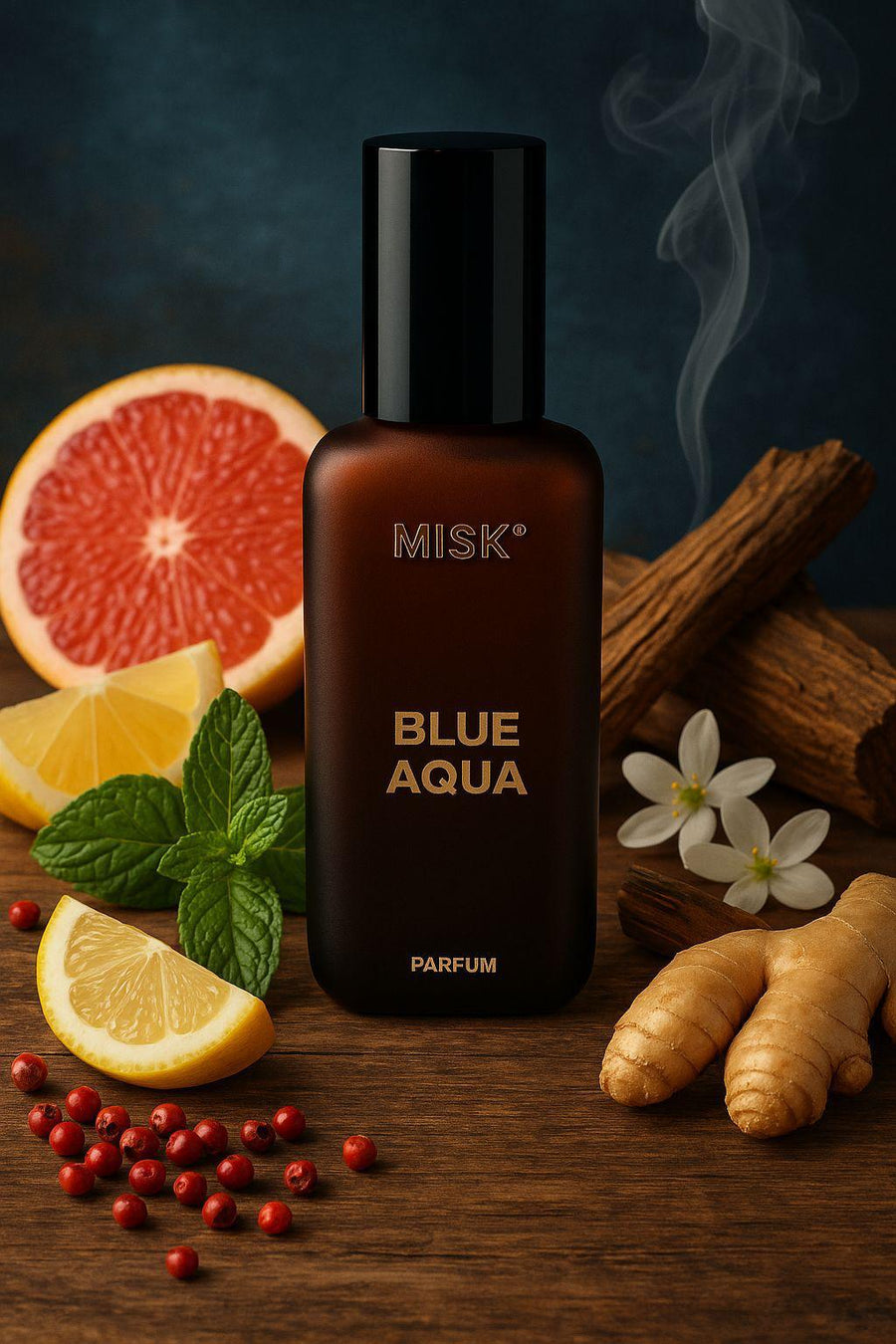 MISK Blue Aqua alcohol-free perfume bottle