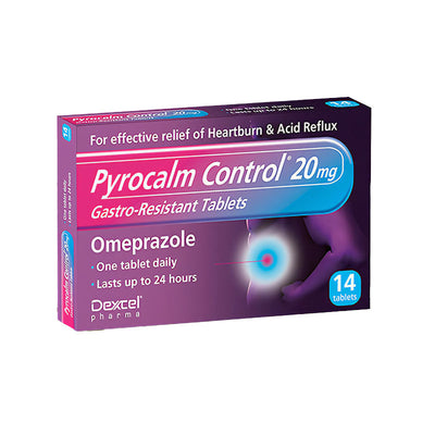 Pyrocalm Control 20mg Tablets (Omeprazole) tablets available online at Anfield Pharmacy, Liverpool