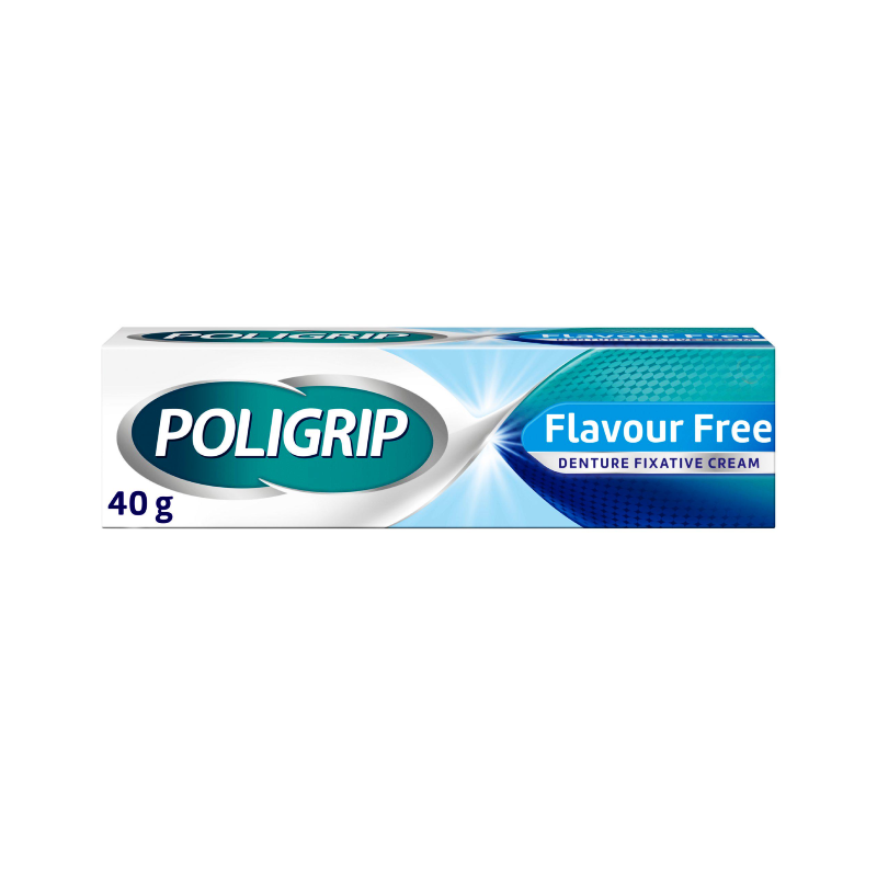 Poligrip Denture Fixative Cream Flavour Free 40g cream available online at Anfield Pharmacy, Liverpool