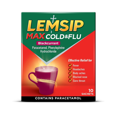 Lemsip Cold & Flu Blackcurrant Sachets sachets available online at Anfield Pharmacy, Liverpool