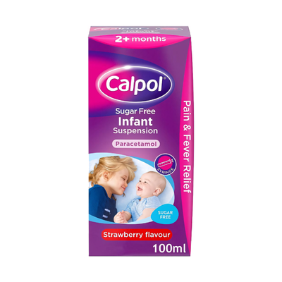 Calpol Infant Suspension Paracetamol Sugar Free Strawberry available online at Anfield Pharmacy, Liverpool