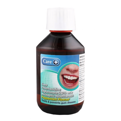 Chlorhexidine Mint Antiseptic Mouthwash Care 300ml mouthwash available online at Anfield Pharmacy, Liverpool