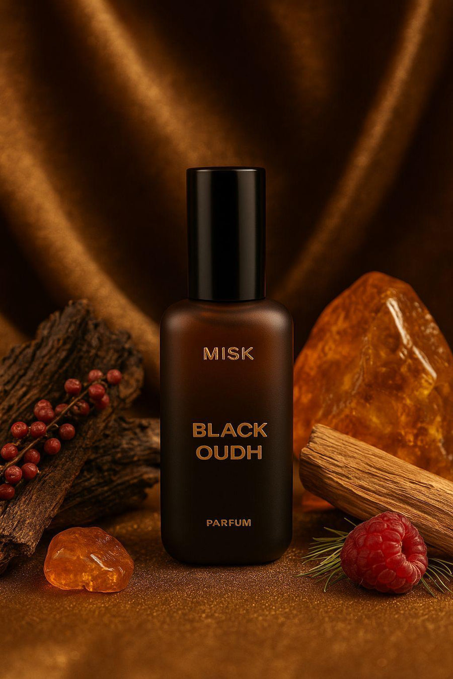 MISK Black Oudh alcohol-free perfume bottle